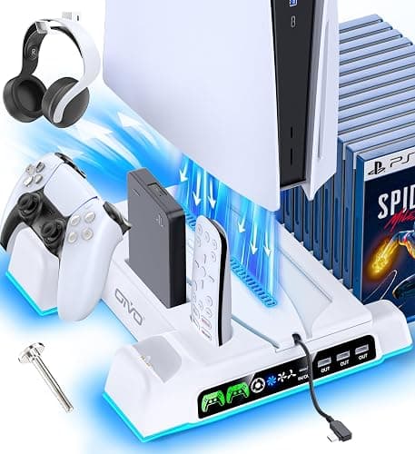 PS5/Slim/Pro Stand and Cooling Station with LED Controller Charging Station for PlayStation 5 Console, Controller Charger, Cooling Stand, PS5/Slim/Pro Accessories Kit with 3 Level Cooler Fan - Image 1