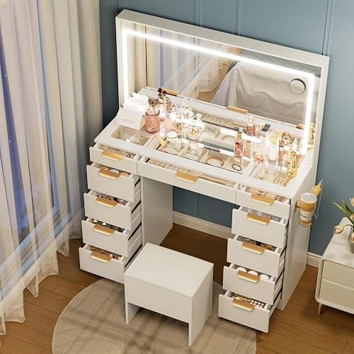 Pamapic Glass Top Vanity Desk with Mirror and Lights, 11 Drawers Makeup Vanity with Charging Station and Chair, Golden Handles Dressing Table, 3 Lighting Modes Makeup Table, White - Image 1