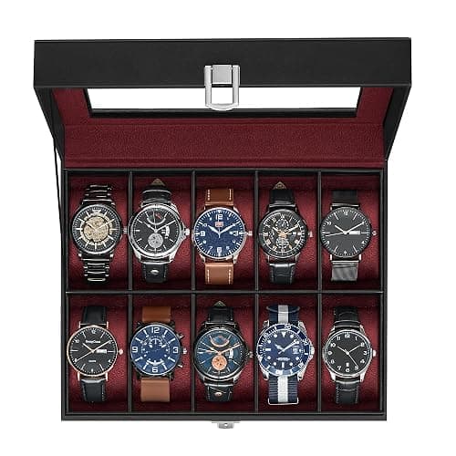 SONGMICS Watch Box, 10-Slot Watch Case Organizer with Large Glass Lid, Removable Pillows, Christmas Gift, Black Synthetic Leather, Wine Red Lining UJWB010R01 - Image 1