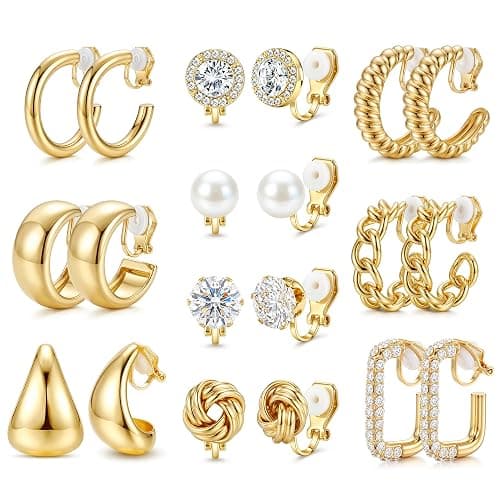 Drperfect Clip On Earrings for Women Non Pierced Earrings Set | Hypoallergenic Ears Clips, 14K Gold Plated CZ Pearl Knot Twist Chunky Hoop and Studs Earring, Fake Earrings Jewelry Gifts - Image 1