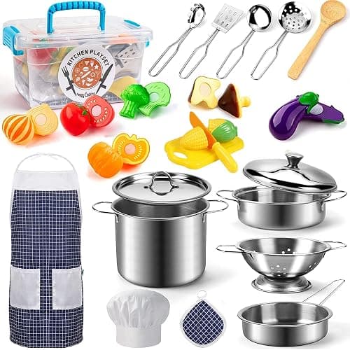 KODATEK Play Kitchen Accessories, Kids Kitchen Pretend Play Toys, Kitchen Set with Stainless Steel Cooking Utensils Cookware Pots and Pans Set Healthy Vegetables, Knife, Apron, Little Chef Boys Girls - Image 1