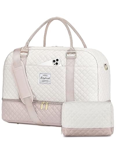 Travel Duffle Bag Weekender for Women: Travel Duffel Bag Carry-On Overnight Bag with Shoe Compartment & Wet Pocket Large Weekend Tote Bag withGym Duffel Bag for Hospital Beige - Image 1
