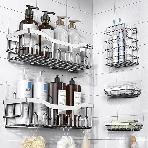EUDELE 5-Pack Rustproof Stainless Steel Shower Caddy – No Drill Adhesive Bathroom Organizer with Large Capacity, Spacious Shower Shelves for Inside Shower, Kitchen & Home Decor Storage-XL Size - Image 1
