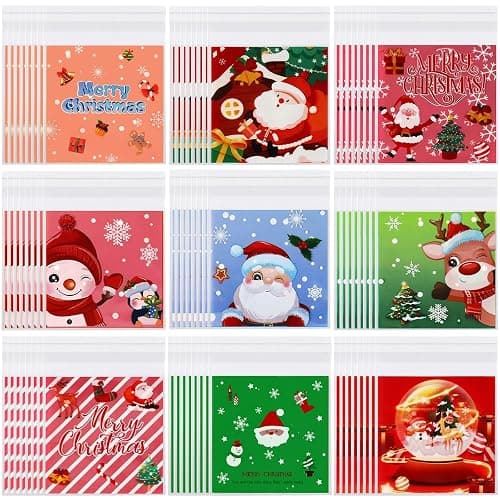 FEBSNOW 450 PCS Christmas Self-Adhesive Candy Cellophane Bags Xmas Treat Cookie Bags for Christmas Holiday Party Favor Gift Decoration Supplies (9 Patterns) - Image 1