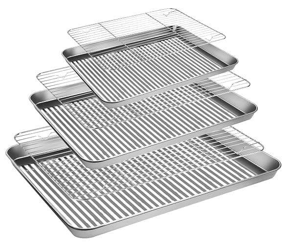 Stainless Steel Baking Sheet with Rack Set, Cookie Sheet with Cooling Rack, Set of 6 (3 Sheets + 3 Racks), Easy Clean - Image 1
