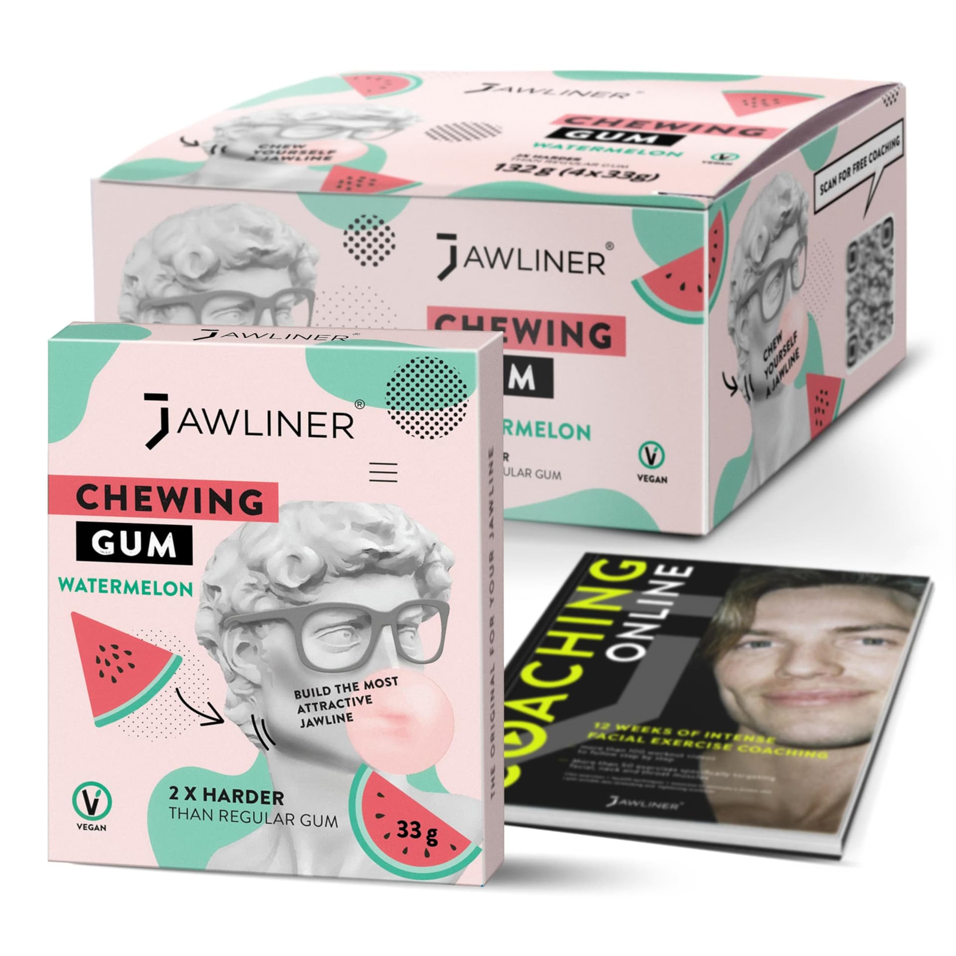 Jawliner® Hard Jwaline Chewing Gum - Sugar Free Watermelon Tough Jaw Gum - Jaw Exerciser Strong Mewing Jawline Mistic Gum - 2x Harder than Regular Chewing Gum 130 Grams (48 Strips) - Image 1