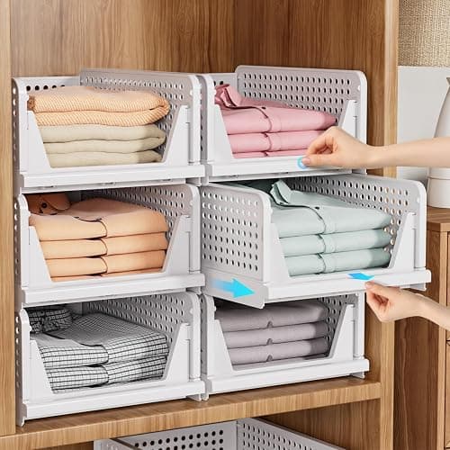 SNSLXH 5 Pack Stackable Closet Organizer Box, Multifunctional & Foldable Closet Storage Basket for Bathroom Kitchen Laundry Room Wardrobe Storage, Space-Saving Clothes Storage Drawer Organizer, White - White 5 Pack - Image 1