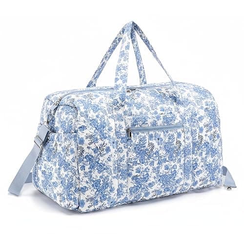 Dansydaisy Large Quilted Travel Duffle Bag for Women Floral Portable Gym Weekender Bag with Zipper Pockets Workout Grocery Pouch Duffle Gift Pouch for Christmas Work(Blue Floral) - Image 1
