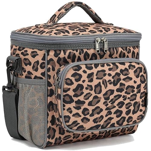 FlowFly Insulated Reusable Lunch Bag Adult Large Lunch Box for Women and Men with Adjustable Shoulder Strap,Front Zipper Pocket and Dual Large Mesh Side Pockets,Leopard - Image 1