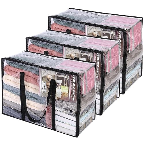 Vieshful 3 Pack Clear Clothes Storage Bag, 40L Plastic Blanket Storage Bag with Zipper, Foldable Closet Organizer, Moving bags for Comforter, Blanket, Bedding, Duvet, Toys - Image 1