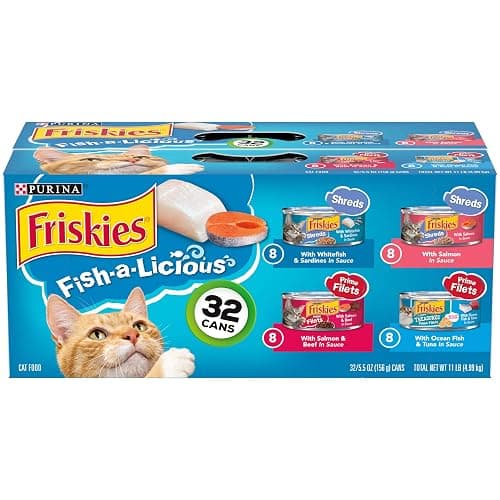 Purina Friskies Wet Cat Food Variety Pack Fish-A-Licious Extra Gravy, Prime Filets and Tasty Treasures - (Pack of 32) 5.5 oz. Cans - Image 1