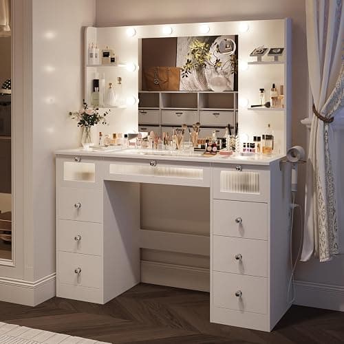 VQRhome White Vanity with Lighted Mirror, Glass Top Vanity Desk with 9 Drawers & 3 Color Hollywood Bulbs & 4 Shelves & Acrylic & Power Outlet, Makeup Desk Dressing Table for Bedroom, Gift for Girls - Image 1