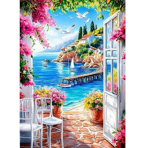 AIRDEA Diamond Art Paintings Kits for Adults,5D DIY Gem Art Kits Diamond Painting for Beginner,12x16 Inch/20x30 cm (Blue Pink White) - Image 1