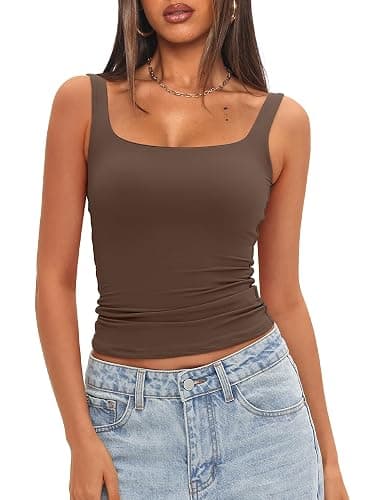 Darong Women's Padded Square Neck Tank Tops Summer Double Layer Basic Sleeveless Tank Shirts Built in Bra - Image 1