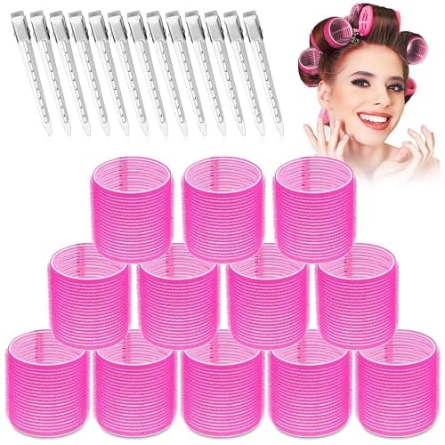 Jumbo Hair Rollers Set - 24 Pieces with 12 Large Rollers and 12 Clips for Voluminous Long Thick Hair (Hot Pink) - Image 1