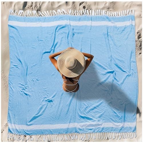 Oversized Turkish Beach Towel Blanket XXL Cotton Sandproof Towels Boho Woven Extra Large Big Sand Free Giant Throw Blankets Huge Quilt XL Picnic Camping Necessities Cloud For Adult Gifts Blue - Image 1