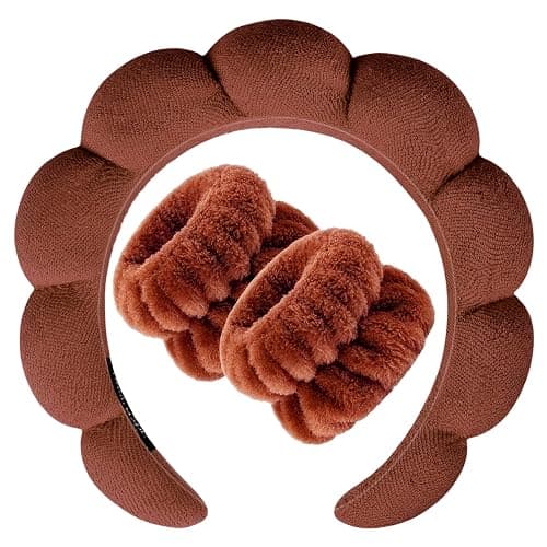 Zkptops Spa Headband for Washing Face Wristband Set Sponge Makeup Skincare Terry Cloth Bubble Soft Get Ready Hairband for Women Girl Puffy Padded Headwear Non Slip Thick Hair Accessory(Dark Brown) - Image 1