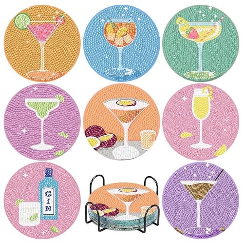 8Pcs Diamond Painting Coasters with Holder,DIY Cocktail Life Coaster Diamond Art Kits for Adults Kids,Beginners Round Full Drill Diamond Art Craft Supplies - Image 1