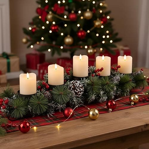 Yungyan Christmas Tabletop Centerpiece 30 Inch, Includes 5 Battery Operated LED Candle Holders, Red Berries, Pine Cones and Base, Christmas Artificial Dinner Table Decorations - Image 1