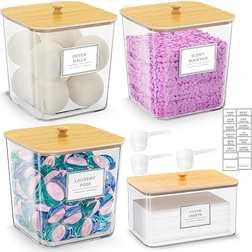 HomePekite Laundry Pods Storage Container, Clear Laundry Room Organization and Storage,Detergent Powder Container,with Wooden Lids & Labels, 3+1 Pack - Image 1