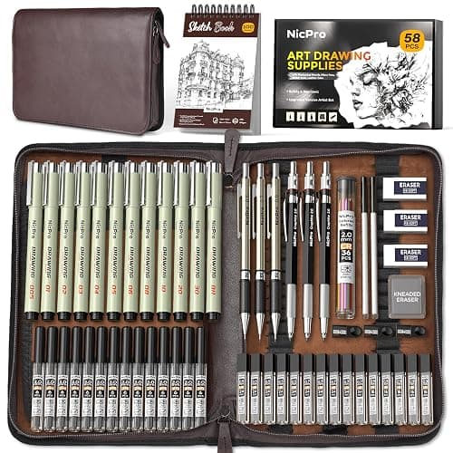 Nicpro 58 PCS Art Drawing Supplies Kit in Leather Case, Art Mechanical Pencil Set with 6 Metal Drafting Pencil 0.5 & 0.7 & 0.9 & 2mm, 12 Micron Pen, Sketch Book, 30 Tube Lead Refills for Sketching - Image 1