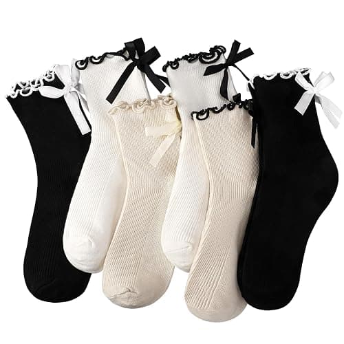ZhouBoat 6 Pairs Womens Bow Socks Ruffle Casual Crew Socks Cute Black White Soft Breathable Cotton Frilly Ankle Socks - Image 1