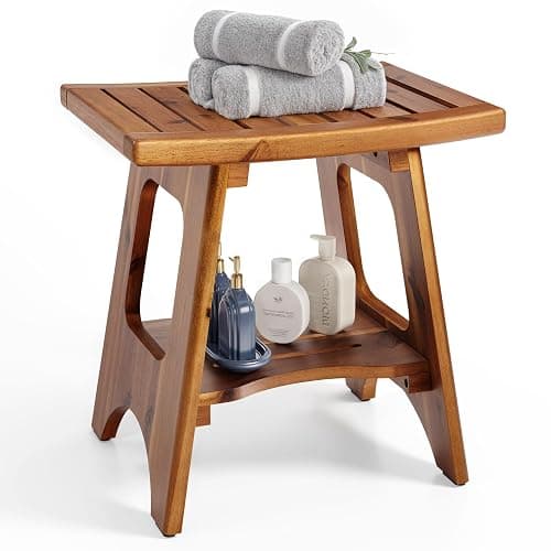 HOLANA 18" Acacia Shower Bench for Inside Shower - Wooden Shower Stool Benches Waterproof for Shaving Legs - Bench Seat with Storage Towel Shelf for Bathroom - Tub Bench Chair Spa Bath (Acacia Wood) - Acacia - Image 1