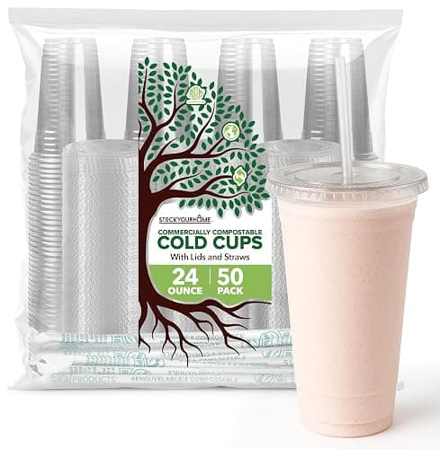 Stock Your Home 24 oz Clear Commercially Compostable Cups with Lids and Straws (Set of 50) Plant Based Cold Cups, Eco Party Cup, Environmentally Friendly Recyclable Disposable Sustainable - Image 1