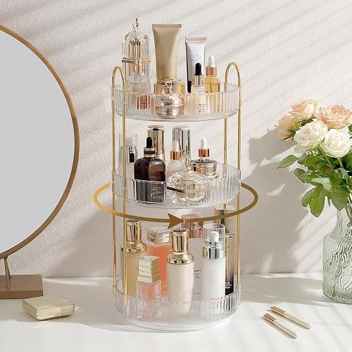 Aveniee 3-Tier 360° Rotating Makeup Organizer, Clear Spinning Perfume Cosmetic Storage for Vanity Countertop, Sturdy Metal Pole Skincare Holder Stand for Bathroom Dresser, White - Image 1