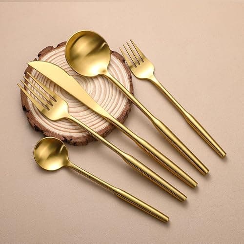 Matte Gold Silverware Set for 4,Zerophilo 20 Piece Forks and Spoons 18/10 Stainless Steel Titanium Plated Cutlery Set Metal Flatware Set, Dishwasher Safe (gold 20 pieces) - gold 20 pieces - Image 1