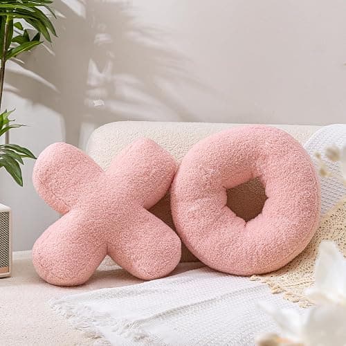 FairDeco XO Pillow Plush, Pink Throw Pillows Valentine's Day Decorative Hugs and Kisses, Cute Pillows Romantic Home Décor for Sofa, Bedroom, Living Room 12.5x12.5 Inch Set of 2 - Image 1