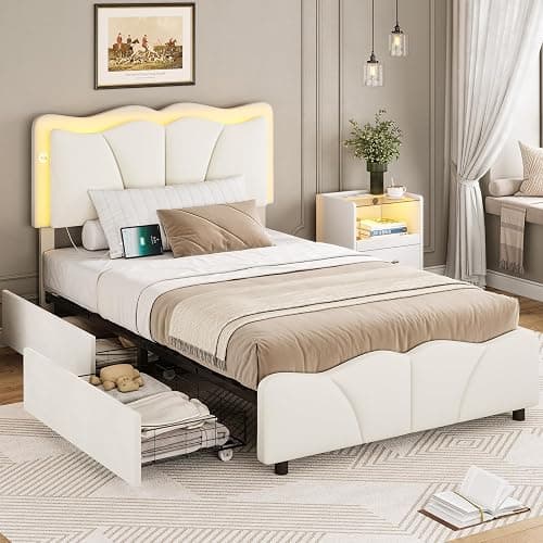 MSmask Twin Bed Frames with 4 Storage Drawers and LED Lights, Velvet Upholstered Platform Bed Frame with Height Adjustable Headboard, LED Bed Frame with Type C & USB, No Box Spring Needed, White - Image 1