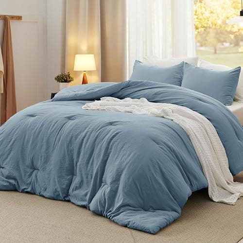 Bedsure Queen Size Comforter Set, Grayish Blue Soft Prewashed Bedding for All Seasons, 3 Pieces GentleSoft™ Down Alternative Bed Set, 1 Lightweight Comforter (90"x90") and 2 Pillowcases (20"x26") - Image 1