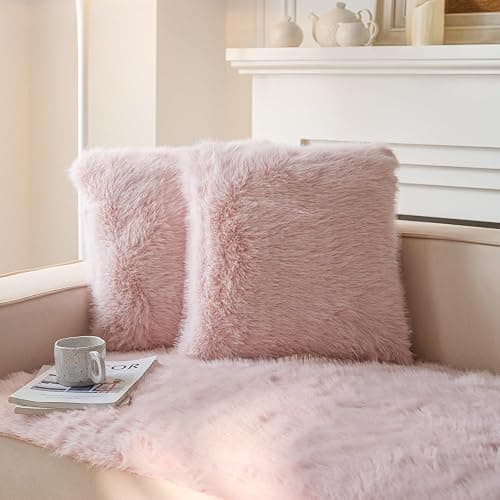 Neelvin Pink Faux Fur Cozy Fluffy Double-Sided Decorative Throw Pillow Covers 18x18 inch Set of 2,Velvet Pillowcase Cushion Case for Sofa Couch - Image 1