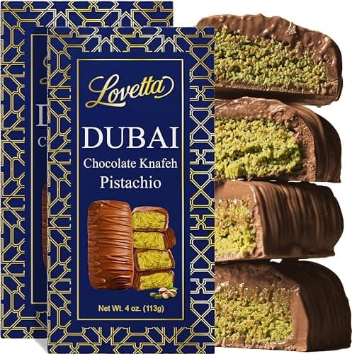 Lovetta Dubai Milk Chocolate Bar Pistachio Knafeh - Luxury Rich Chocolate, Individually Wrapped Fresh, Premium Pistachio Cream Katafi Filling (2 Pack) - Image 1