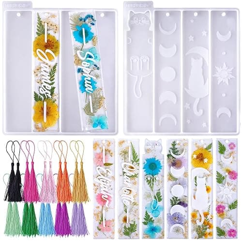 LET'S RESIN Bookmark Resin Molds Silicone 1.5'' Wide, Blank and Cat Moon Pattern Silicone Bookmark Molds Kit with 20pcs Tassels, Rectangle Bookmark Molds for Epoxy Resin Casting Crafts - Image 1