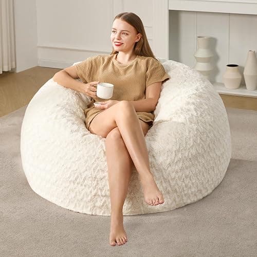 Hobestluk 3ft Bean Bag Chairs for Adults Large Beanbag Chair with Chevron Plush Fur Cover Big Bean Bag Chair for Living Room Bedroom Dorm Office - White (36” x 36” x 22”) - Image 1