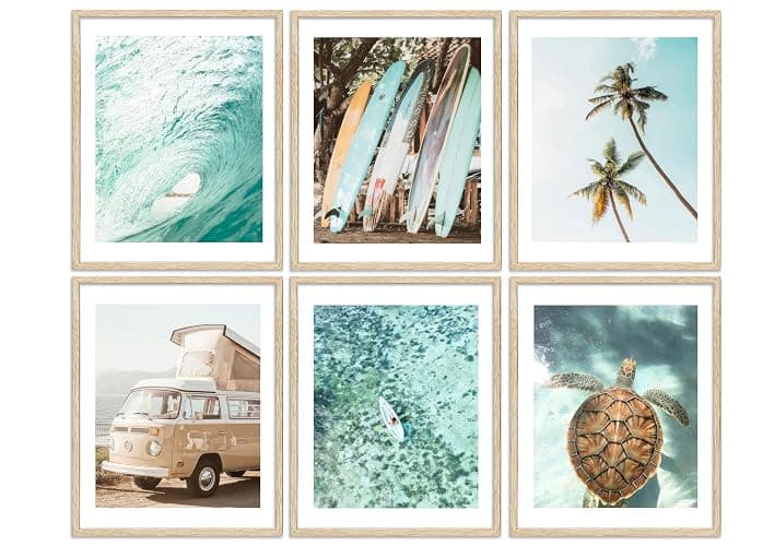 EVPYXFUT Set of 6 Tropical Beach Canvas Wall Art Surf Poster Summer Ocean Coastal Pictures Turtle Print Palm Tree Surfboard Gallery Paintings Nautical Bus Wall Decor for Bedroom Bathroom Unframed - Image 1