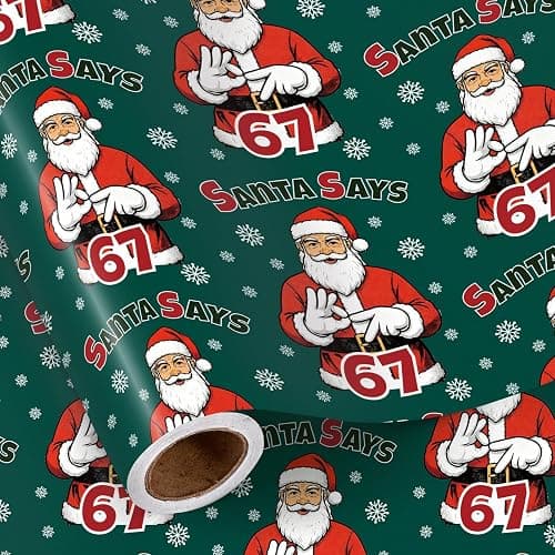 RUSPEPA Funny 67 Christmas Wrapping Paper Roll, Mini Roll, Green 67 Meme Christmas Gift Wrap Paper, Cool Santa Says Six Seven Design Gift Wrap for Teens Kids Adults, Holiday, 17 Inches x 16.4 Feet - Image 1
