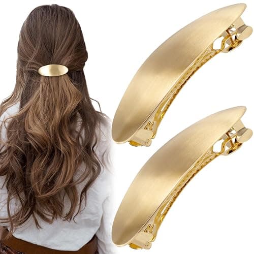CustomyLife 2pcs French Metal Oval Hair Barrettes for Women, Non-Slip Simple Large Hair Clip, Vintage Brushed Hair Accessories for Long Short Curly Straight Thick Thin Wavy Hair-Gold - Image 1