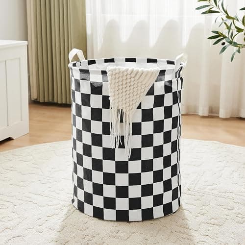 Ohocut Black White Checkered Laundry Basket, Collapsible Aesthetic Cute Canvas Organizer Hamper Basket for Storage, Toy Bins, Bedroom Clothes, Children Nursery, Gift Basket - Image 1