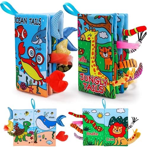 2 PCS Soft Cloth Baby Books 0-6 Months High Contrast Sensory Baby Toys 6 to 12 Months Crinkle Touch Feel Teething Carseat 9 18 Month Travel Essentials Tummy Time Infant 0-3 Months Newborn Shower Gift - Marine & Jungly Animals - Image 1