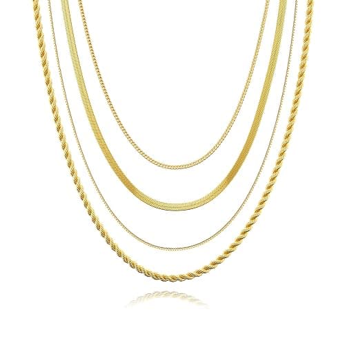 Tewiky Layered Necklaces for Women Non Tarnish- Chunky 14k Gold Plated Herringbone/Snake/Rope/Box/Cuban Link Chain for Women Waterproof Layering Stack Choker Necklace Trendy Dainty Tarnish Free Jewelry Set - Image 1