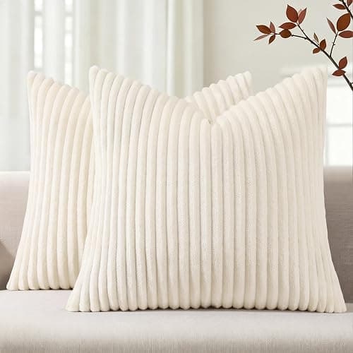 Simmore Fall Soft Cream White Flannel Throw Pillow Covers 18X18 Set of 2 | Decorative Plush Fluffy Modern Farmhouse Double-Sided Fluffy Striped Pillow Covers for Sofa bed Living Room Home Decor - Image 1