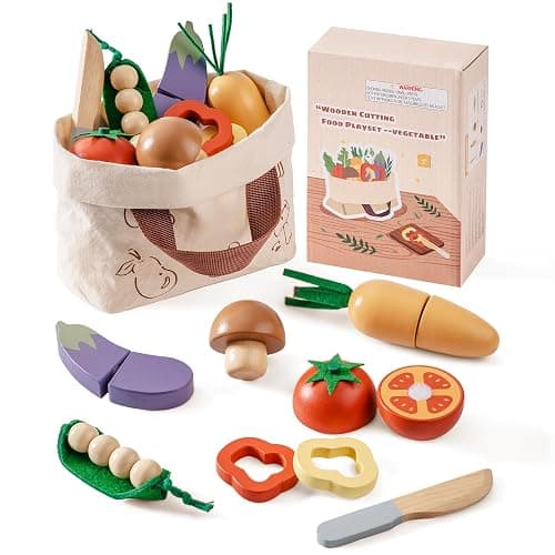 ROBOTIME Wooden Play Food Cutting Vegetable Set, Pretend Play Toy Food for Play Kitchen with Shopping Bag – Kids Kitchen Accessories, Wooden Veggie Toys for Boys & Girls - Image 1