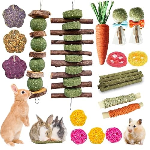 Jorewood 21 Pcs Rabbit Chew Toys for Teeth, Natural Bunny Toys Peach Wood Grass Timothy Sticks Chew and Treat for Guinea Pigs Hamster Chinchillas and Other Small Pets - Image 1