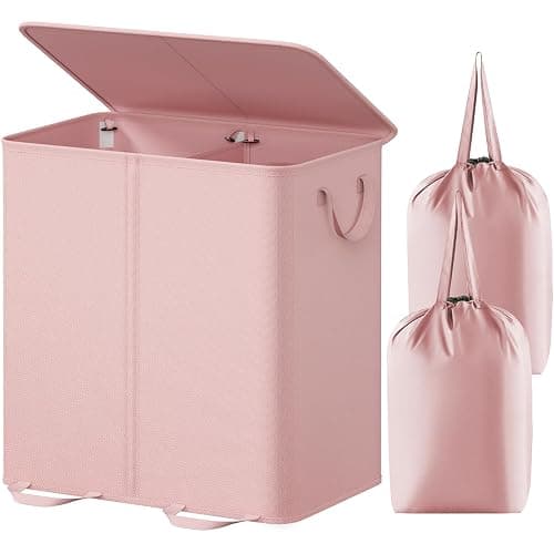 Lifewit Double Laundry Hamper with Lid and Removable Laundry Bags, Large Collapsible 2 Dividers Dirty Clothes Basket with Handles for Bedroom, Laundry Room, Closet, Bathroom, College, 136L Pink - Pink - 136L - Image 1