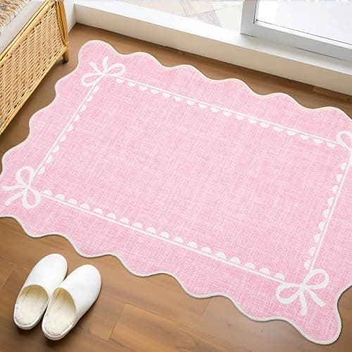 GarveeHome Scalloped Entryway Rug 2x3 Washable Front Door Bow Rug, Pink | Non Slip Soft Low Pile Ultra-Thin Stain Resistant Indoor Carpet for Girls Dorm Nursery Bedroom Decor Hallway Kitchen Floor - Image 1