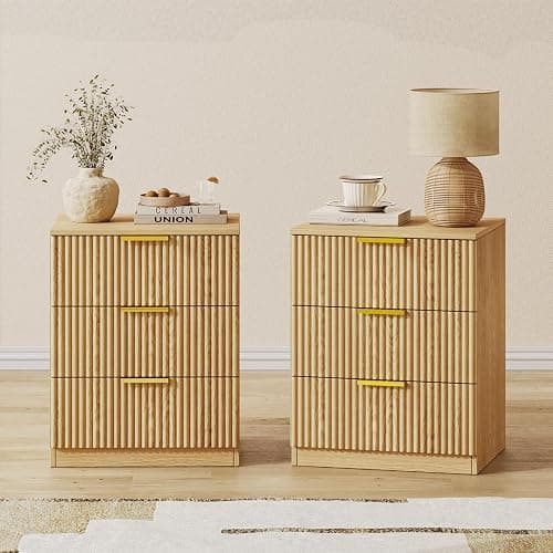 Fluted Night Stand Set of 2, Modern Nightstand with 3 Drawers and Metal Handle, 13.4" D x 15.7" W x 20.1" H, Wooden Bedside Table End Table for Bedroom, Natural - Image 1