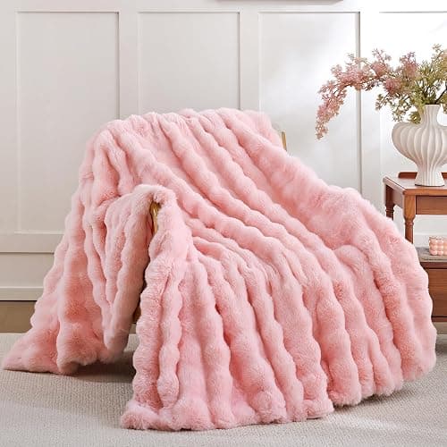 Smoofy Faux Fur Throw Blanket for Couch – Blush Pink Fluffy Cozy Rabbit Fleece, Plush Soft Bubble Blanket for Sofa & Bed, for Mom, Warm Fuzzy Home Room Decor Throw 50" x 60" - Image 1
